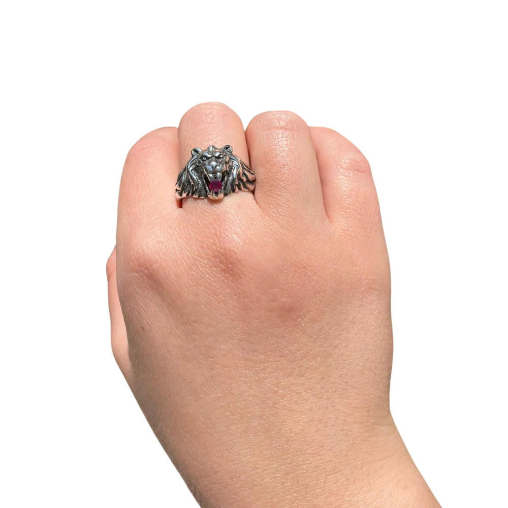 Oxidized Silver Lion of Judah Ruby Ring - Image 4