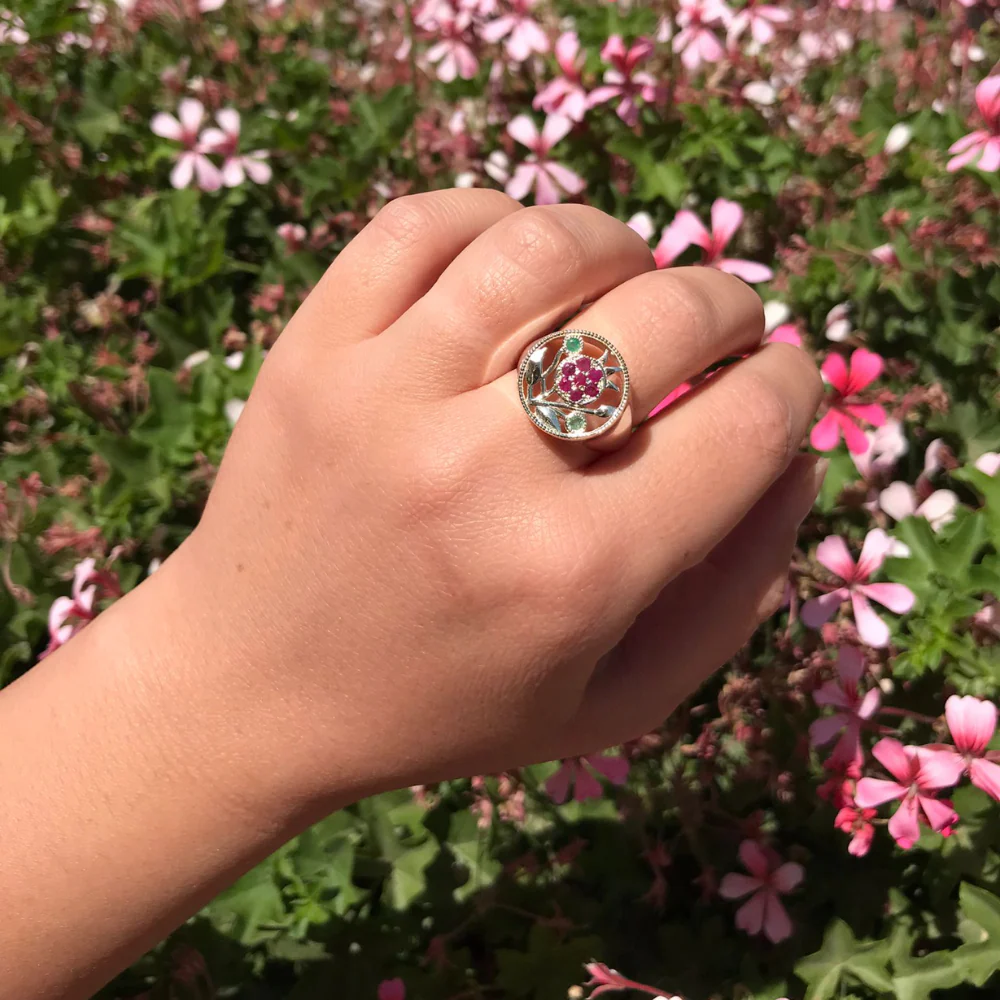 Pomegranate Ring in Silver and Gold with Rubies & Emeralds - Image 2
