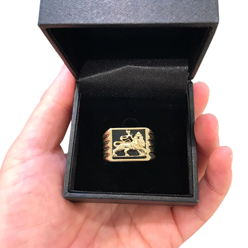 Bob Marley Style 14K Yellow Gold & Onyx Lion of Judah Ring - Image 7