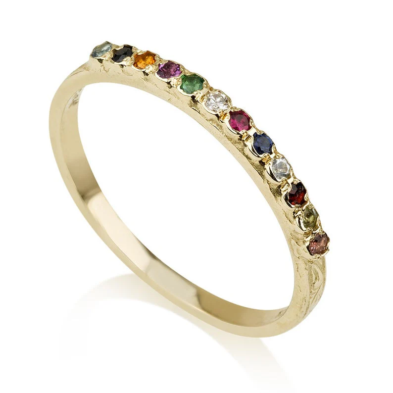 14K Yellow Gold Slim Band Kabbalah Ring with 12 Hoshen Gems