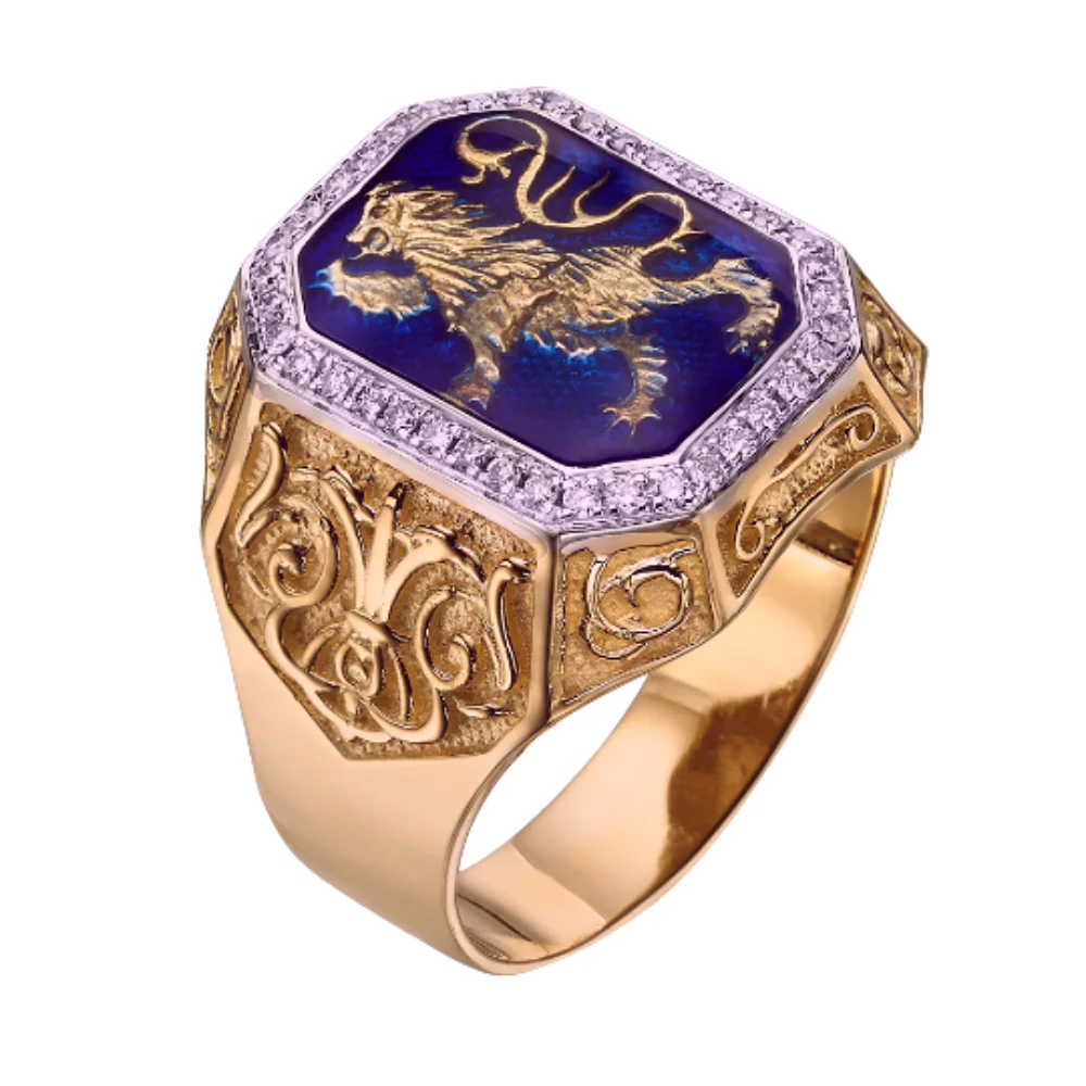 Lion of Judah RING - 14K Gold & Blue Enamel Men's Diamond Signet Ring - Image 7
