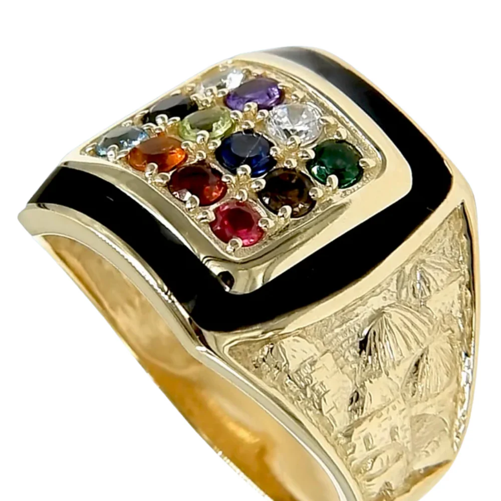 14K Yellow Gold and Black Enamel Hoshen Gems Jerusalem Ring - Image 2