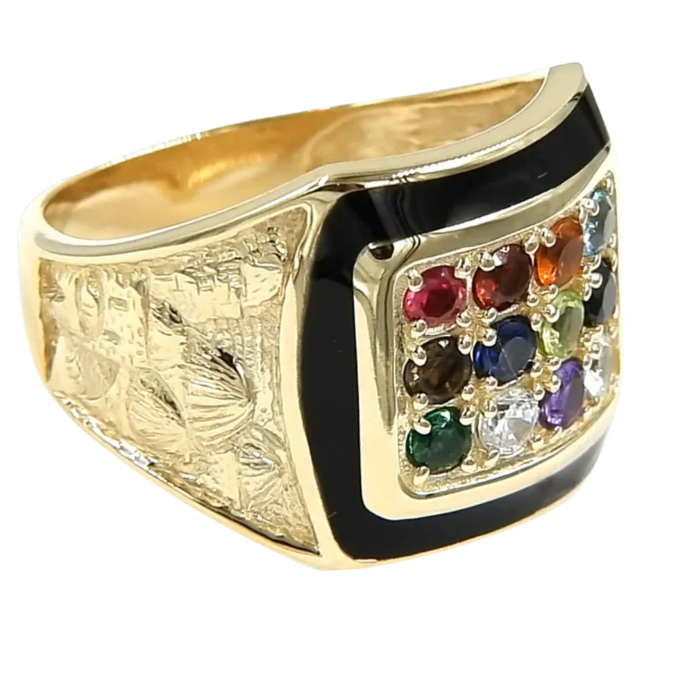14K Yellow Gold and Black Enamel Hoshen Gems Jerusalem Ring - Image 3