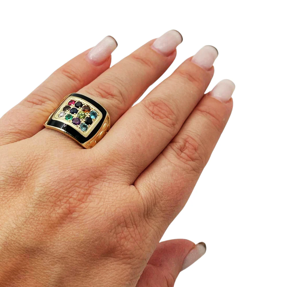 14K Yellow Gold and Black Enamel Hoshen Gems Jerusalem Ring - Image 7