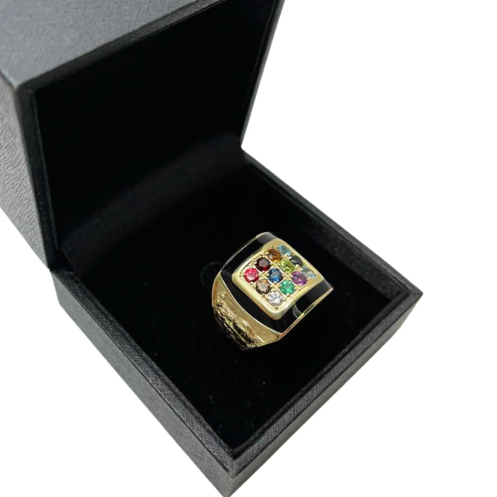 14K Yellow Gold and Black Enamel Hoshen Gems Jerusalem Ring - Image 8