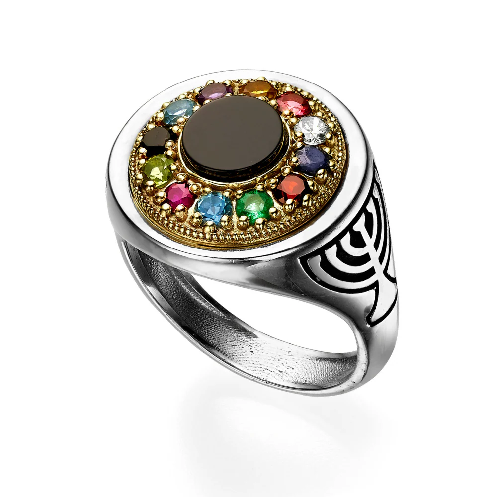 Hoshen Menorah Ring with Onyx Stone in Silver and Gold - Image 2