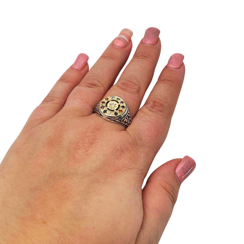 Hoshen Round Signet Ring in 14K Gold & 925 Silver with Natural Gemstones - Image 3