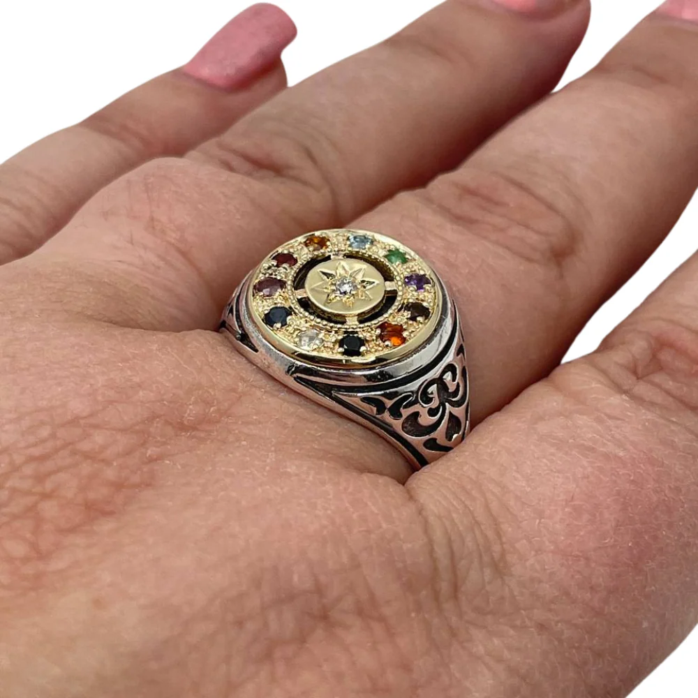 Hoshen Round Signet Ring in 14K Gold & 925 Silver with Natural Gemstones - Image 4
