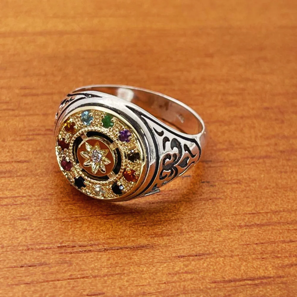 Hoshen Round Signet Ring in 14K Gold & 925 Silver with Natural Gemstones - Image 5