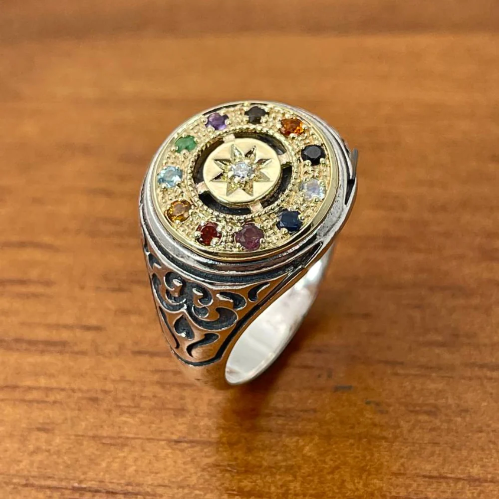 Hoshen Round Signet Ring in 14K Gold & 925 Silver with Natural Gemstones - Image 6