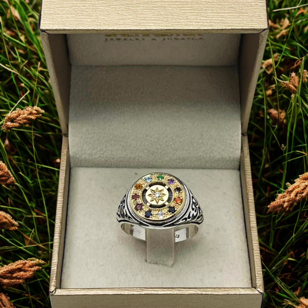 Hoshen Round Signet Ring in 14K Gold & 925 Silver with Natural Gemstones - Image 8