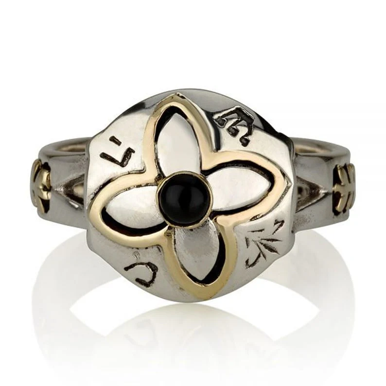 14K Gold and Silver 5 Metals Kabbalah Ring with Onyx / Cat’s Eye Stone - Image 2