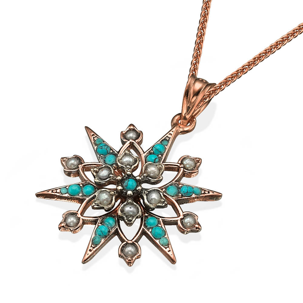 14K Rose Gold, Turquoise and Pearl Snowflake Pendant