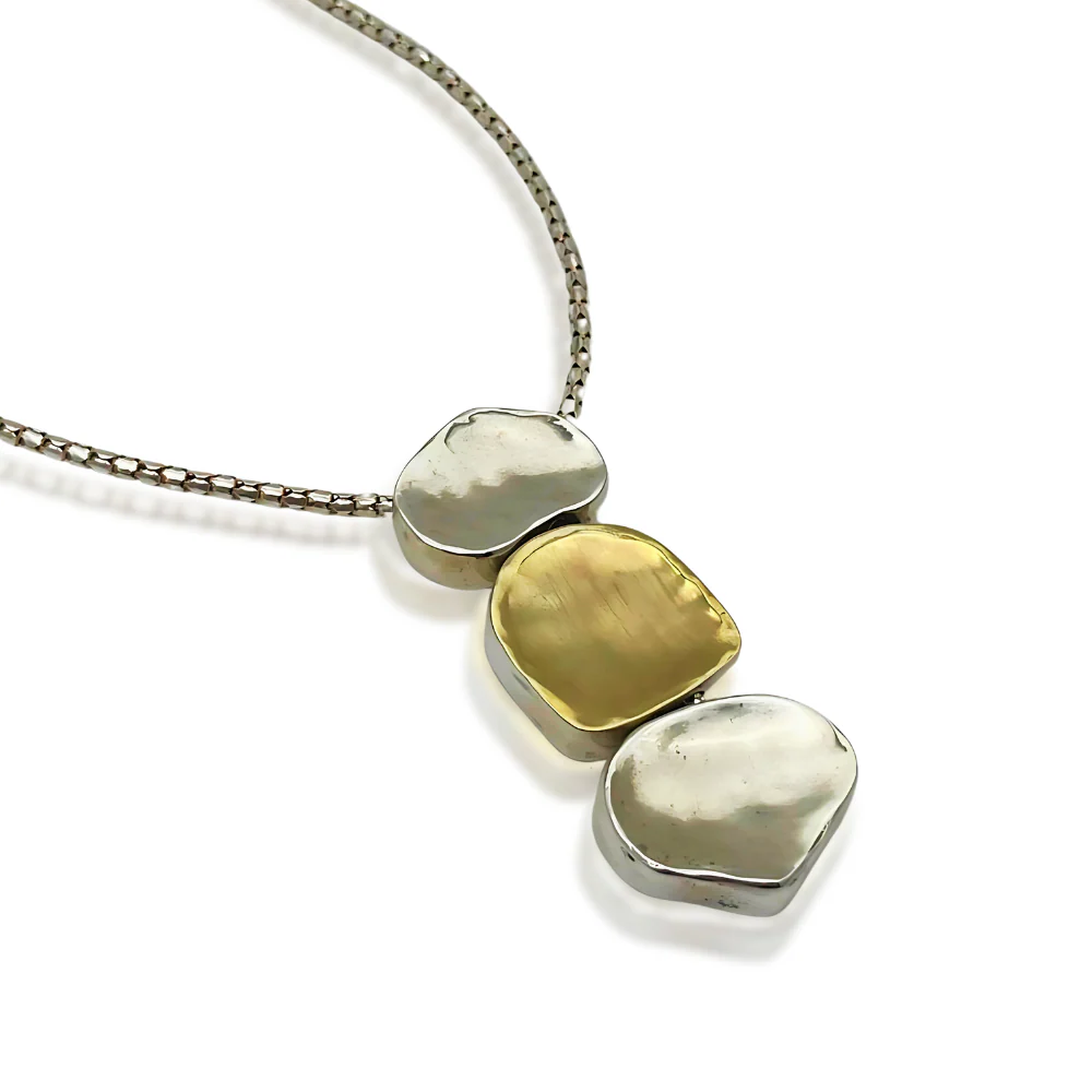 Israeli 3 Nugget Style Pendant Necklace in Silver and Gold - Image 3