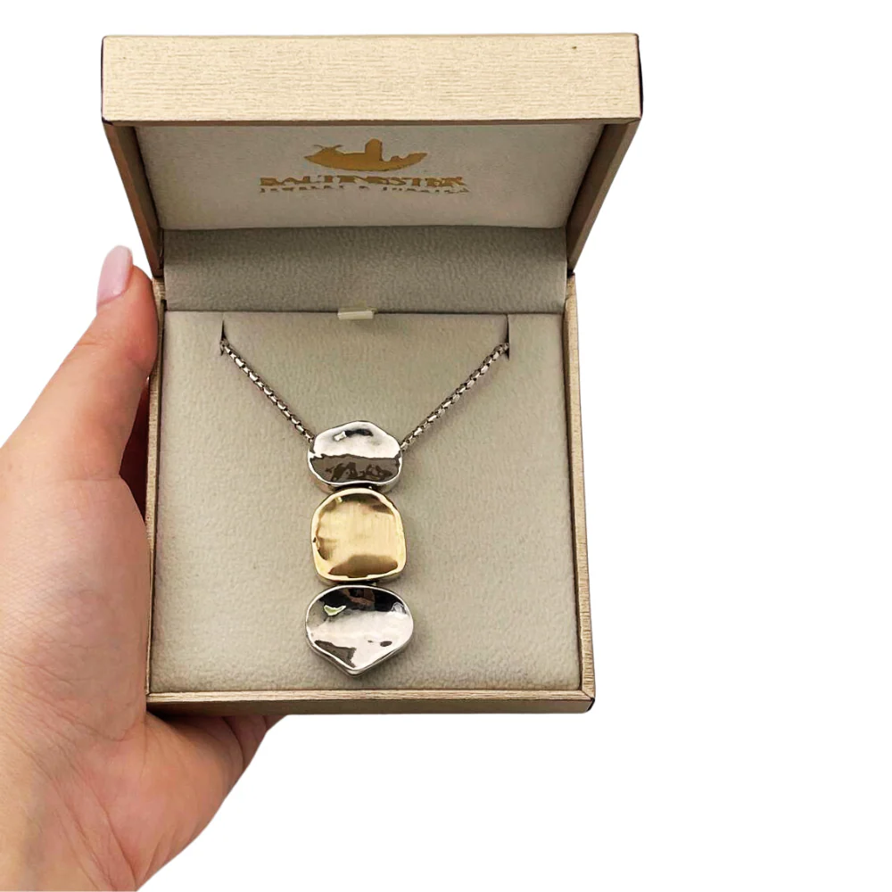 Israeli 3 Nugget Style Pendant Necklace in Silver and Gold - Image 8