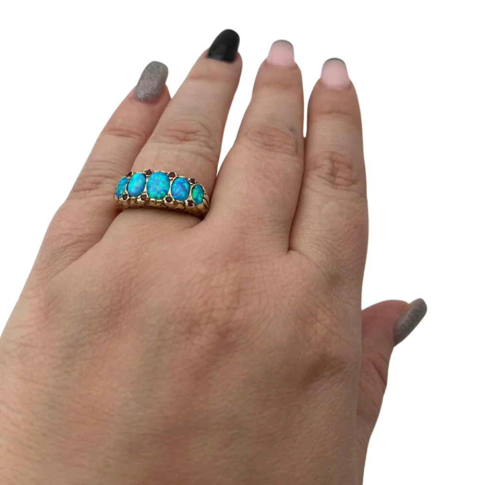 Blue Opal & Garnet Gemstones Filigree 14k Yellow Gold Ring - Image 2
