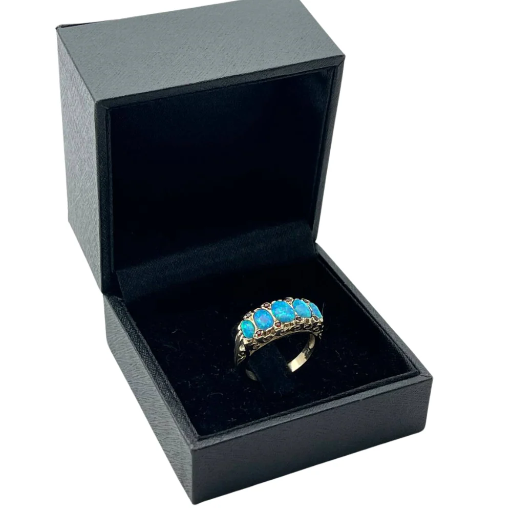Blue Opal & Garnet Gemstones Filigree 14k Yellow Gold Ring - Image 5