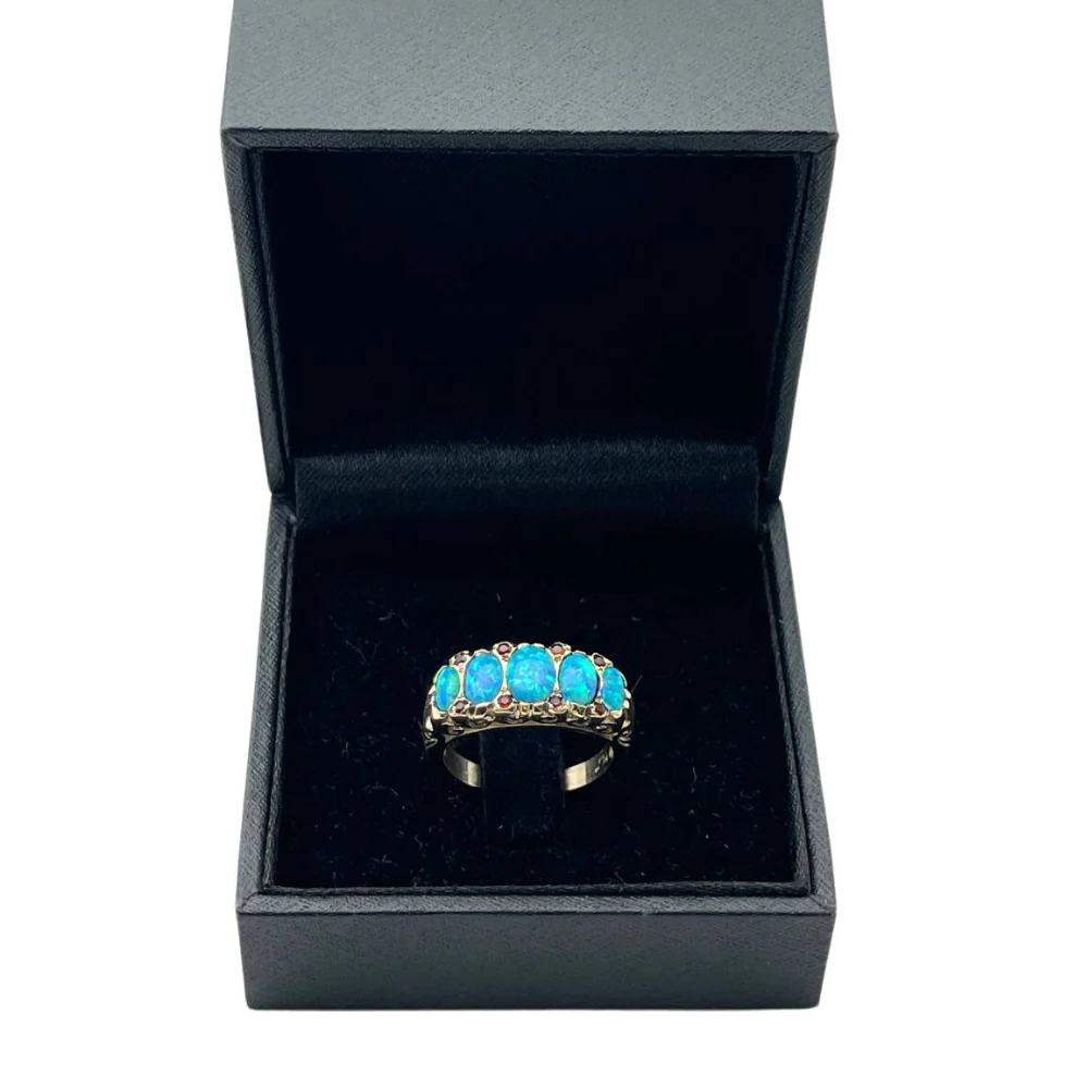 Blue Opal & Garnet Gemstones Filigree 14k Yellow Gold Ring - Image 6