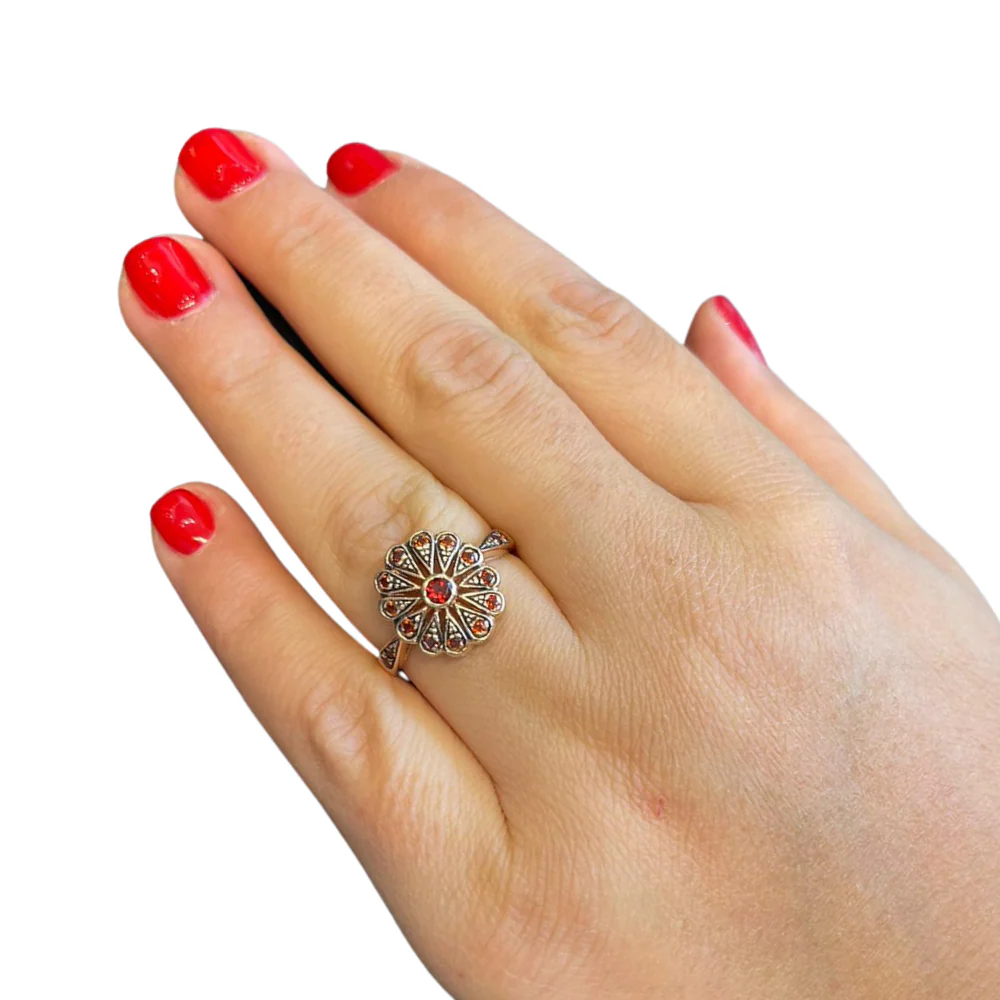 Gold Garnet Ring - 14K Rose Gold Antique Style Garnet Flower Ring - Image 2