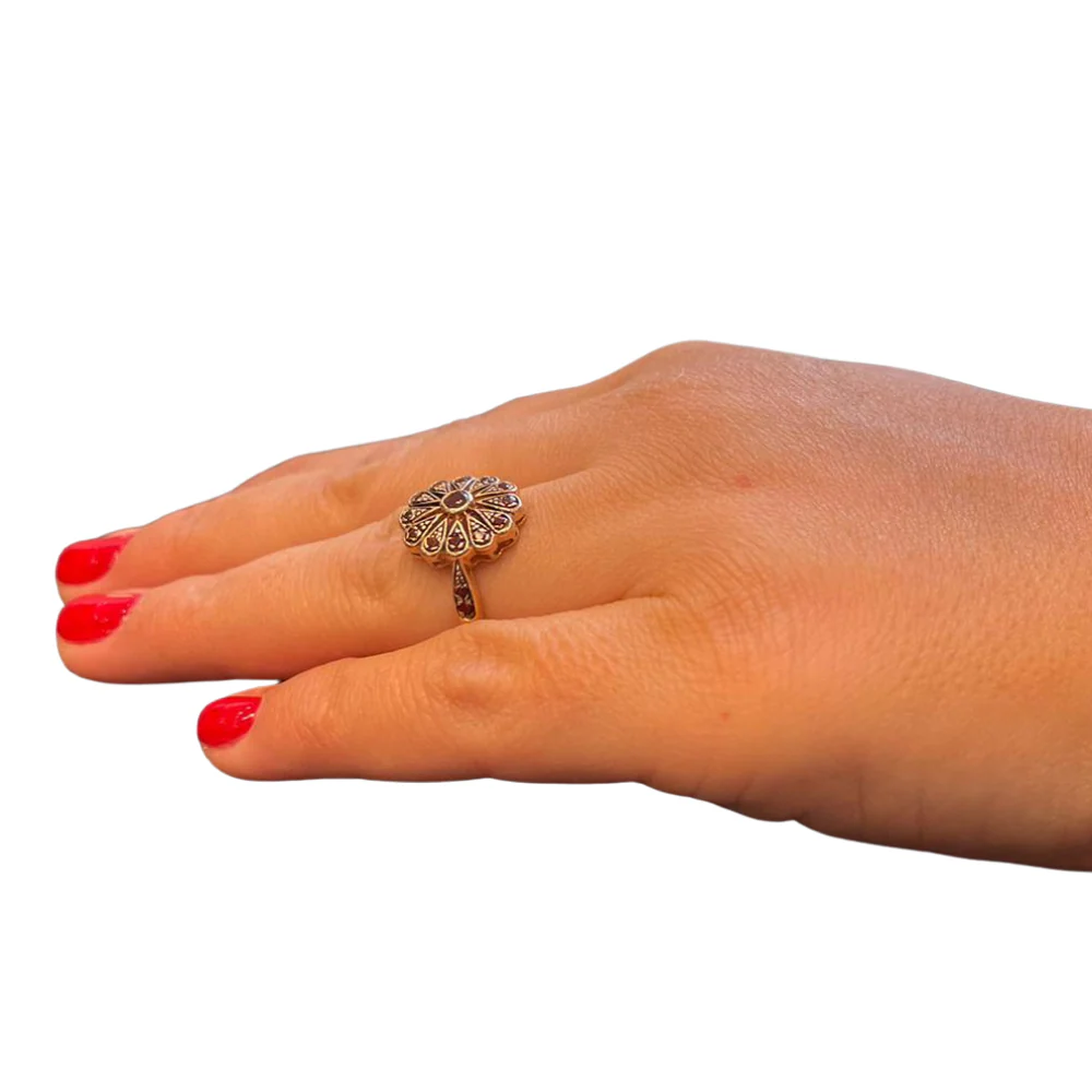 Gold Garnet Ring - 14K Rose Gold Antique Style Garnet Flower Ring - Image 4