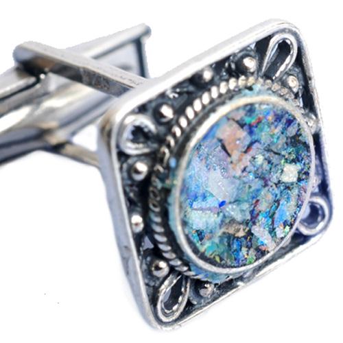 Silver Square Filigree Roman Glass Cufflinks - Image 2