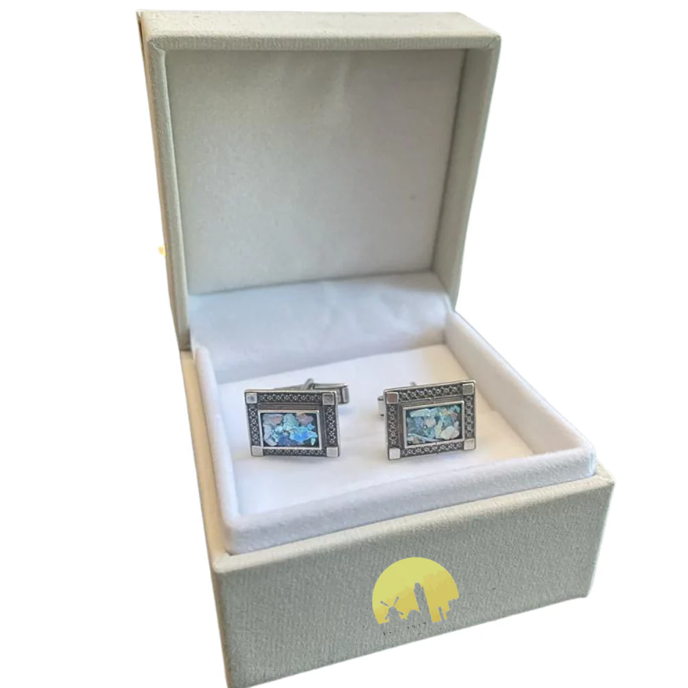 Israeli Roman Glass Sterling Silver Rectangle Cufflinks - Image 3