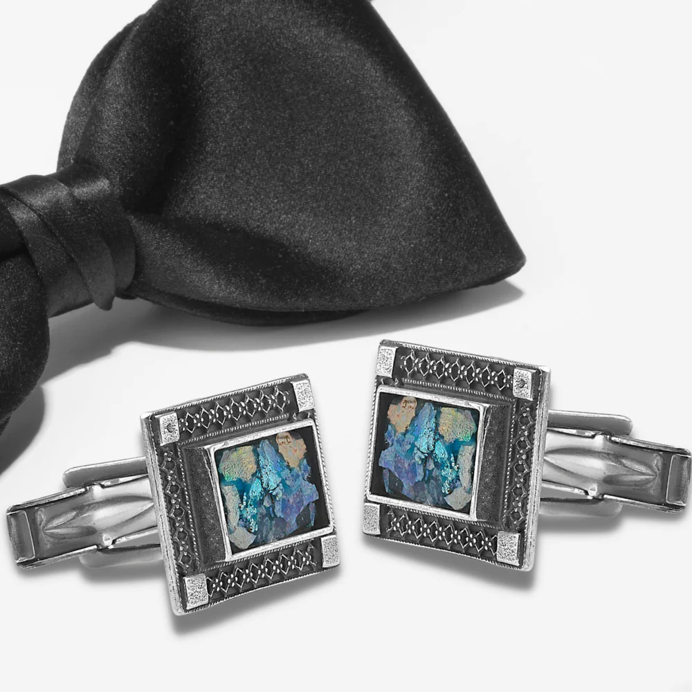Israeli Roman Glass Sterling Silver Rectangle Cufflinks - Image 4