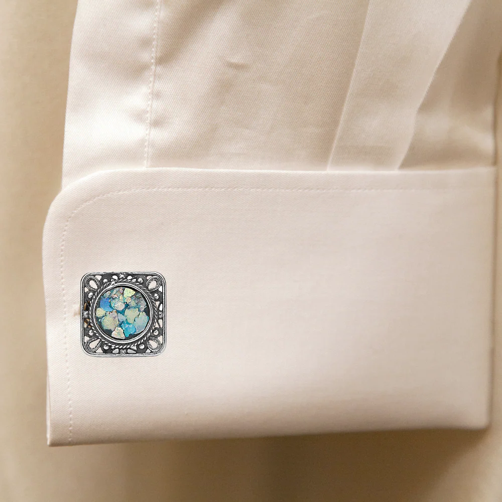 Israeli Roman Glass Sterling Silver Square Cufflinks - Image 5