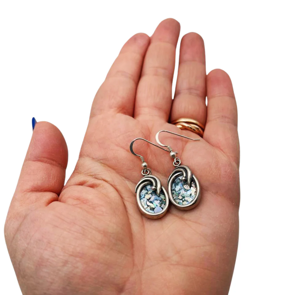 Roman Glass Oval Shaped Silver Earrings - Image 10