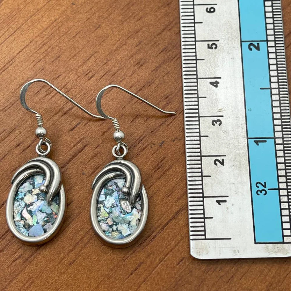 Roman Glass Oval Shaped Silver Earrings - Image 3