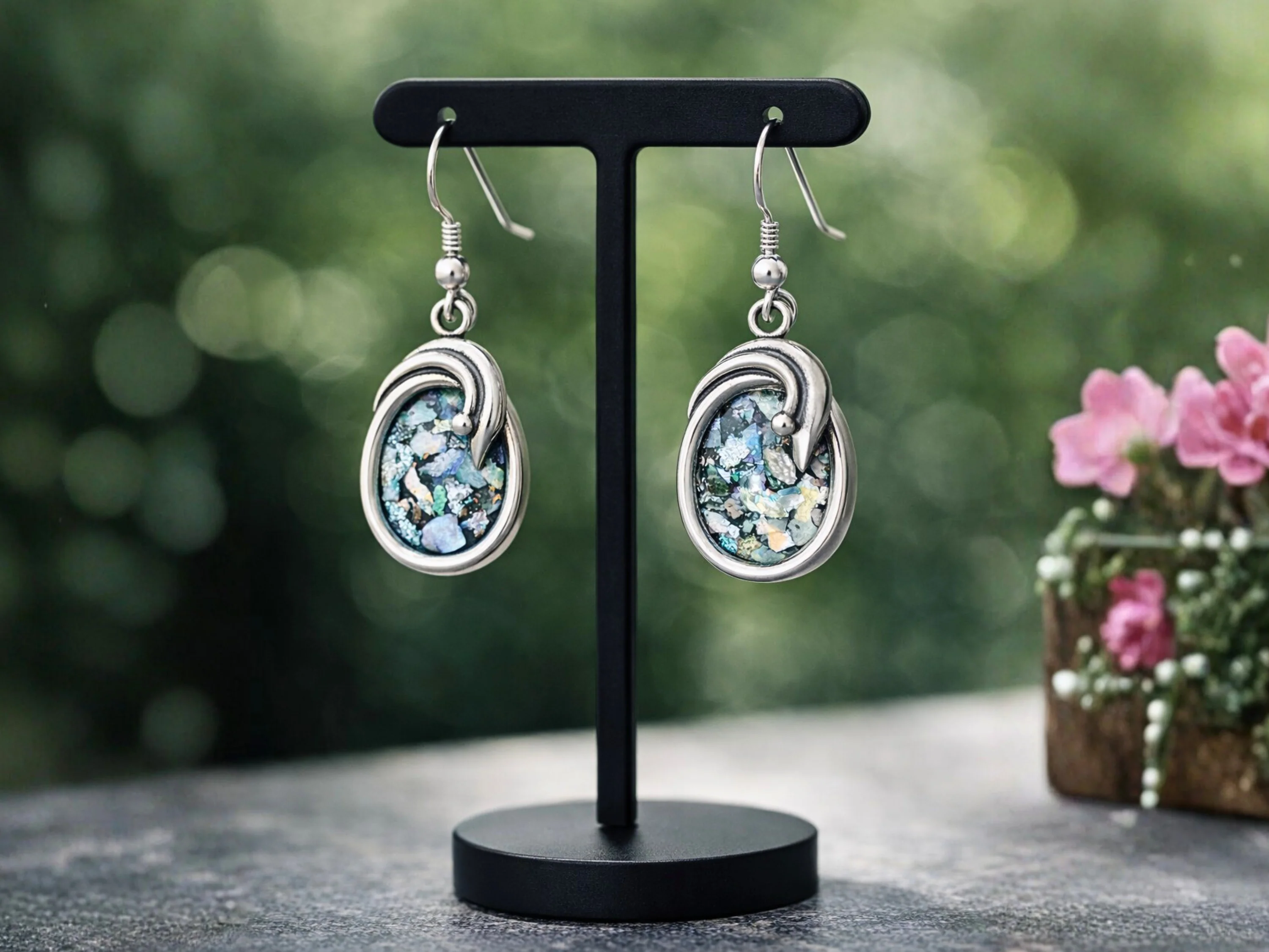 Roman Glass Oval Shaped Silver Earrings - Image 4