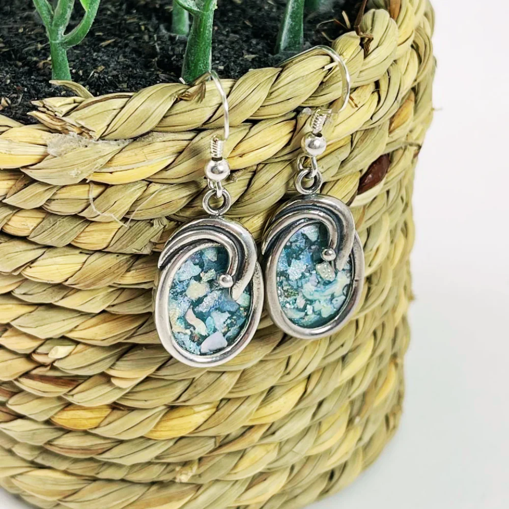 Roman Glass Oval Shaped Silver Earrings - Image 5