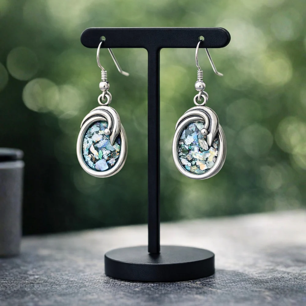 Roman Glass Oval Shaped Silver Earrings - Image 7