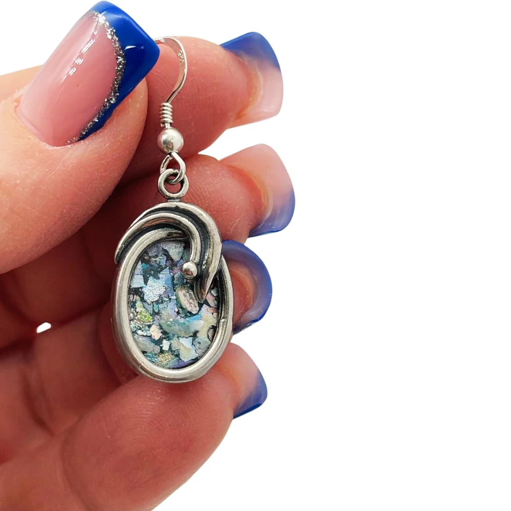 Roman Glass Oval Shaped Silver Earrings - Image 9