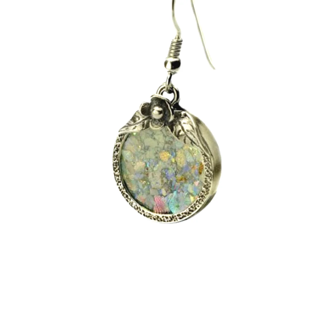 Silver Rose Roman Glass Earrings - Image 3