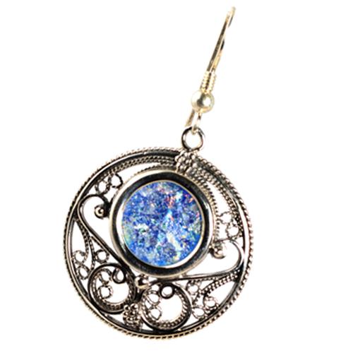 Silver Roman Glass Circle Filigree Earrings - Image 4