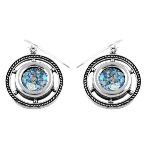 Roman Glass Ship's Wheel Silver Earrings
