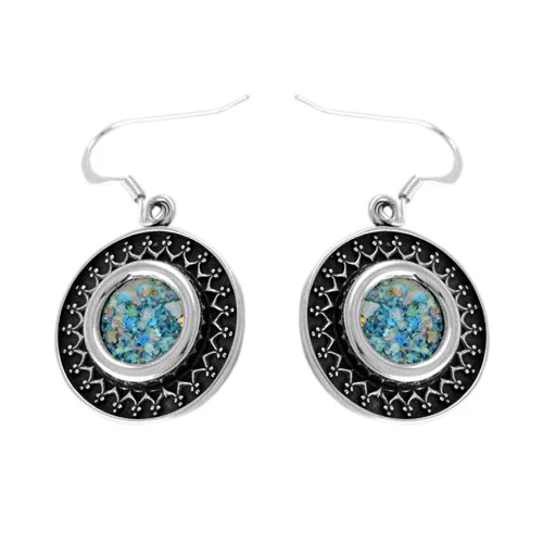 Oxidized Silver Yemenite Roman Glass Earrings