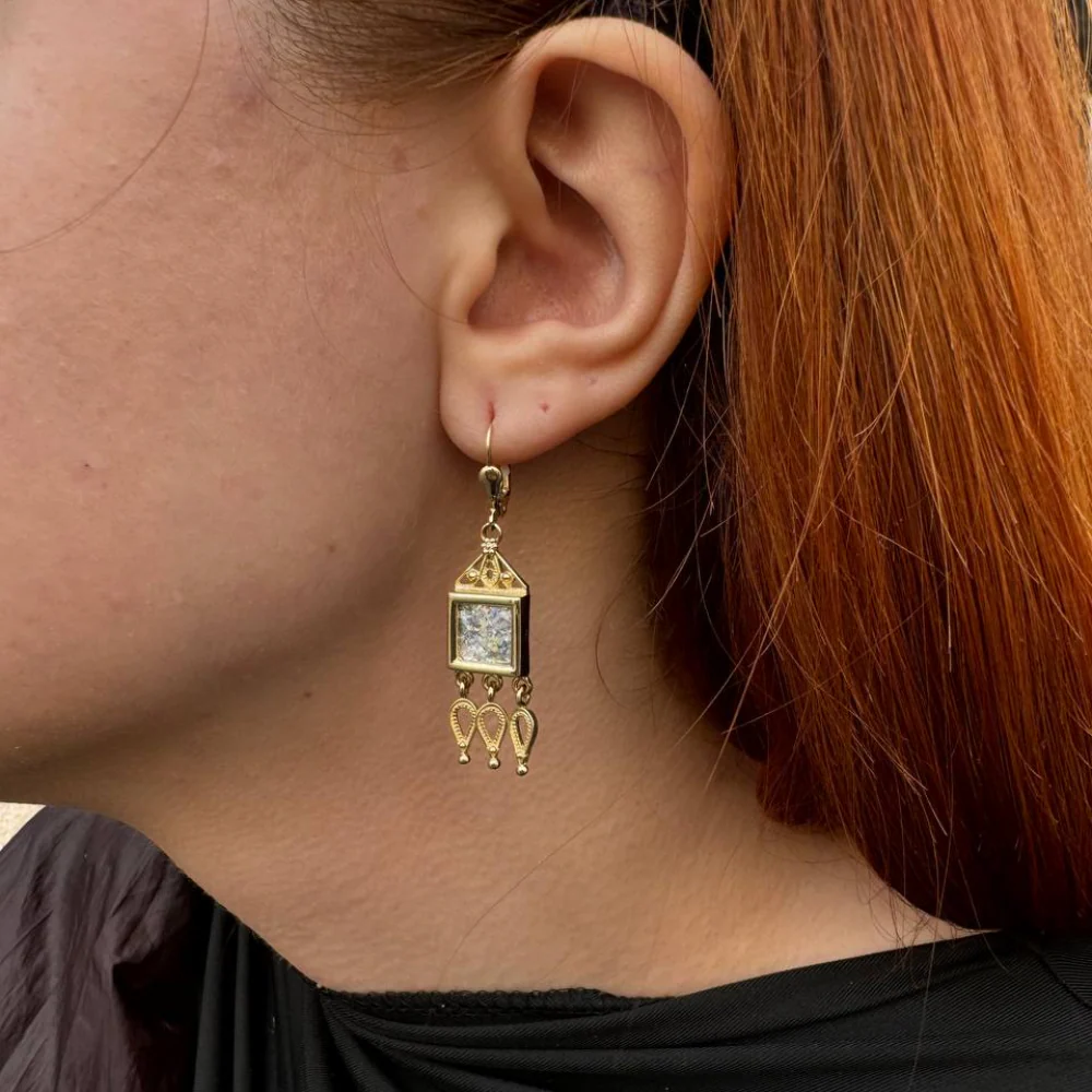 Roman Glass Chandelier Earrings in 14K Gold Filigree Detailing - Image 3