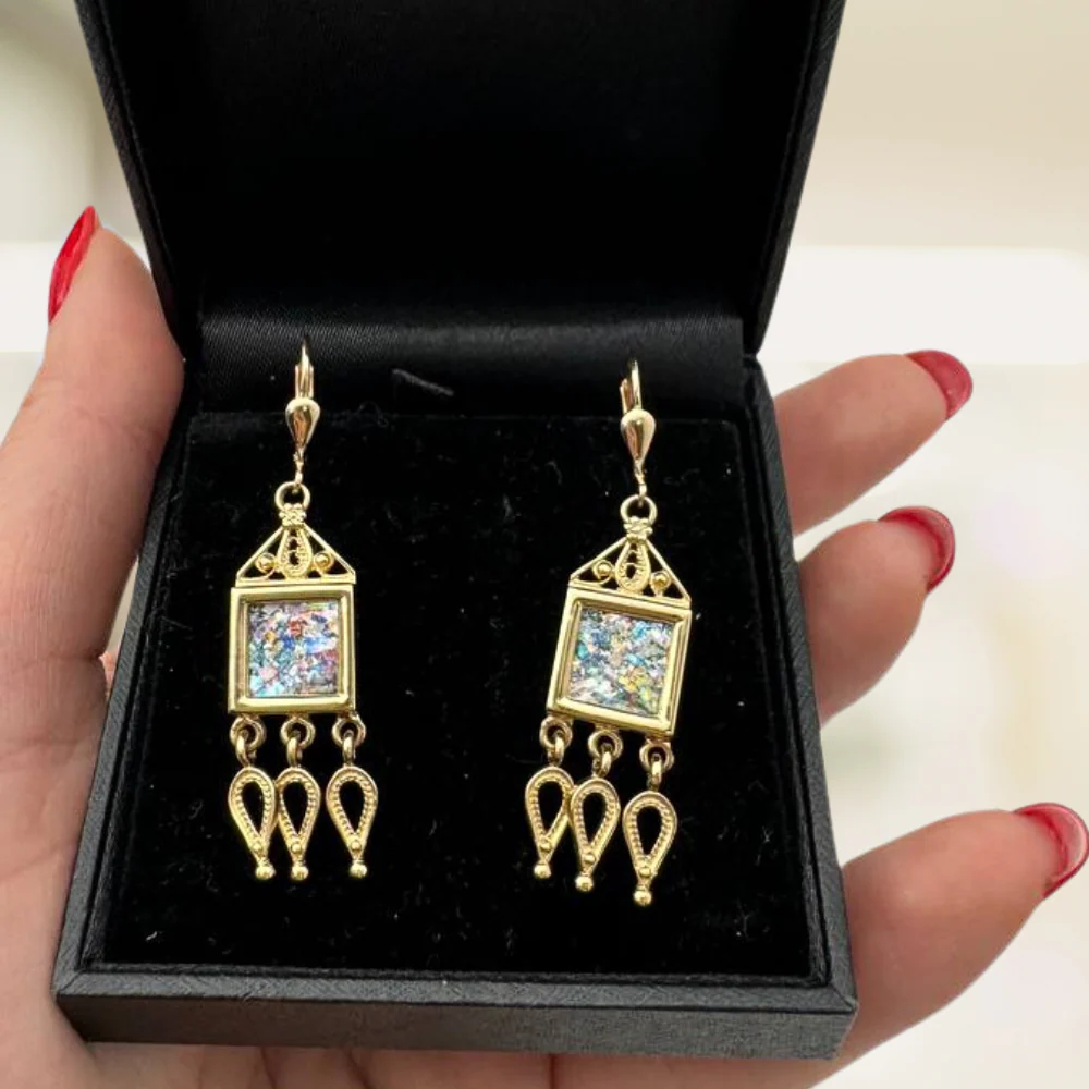 Roman Glass Chandelier Earrings in 14K Gold Filigree Detailing - Image 4