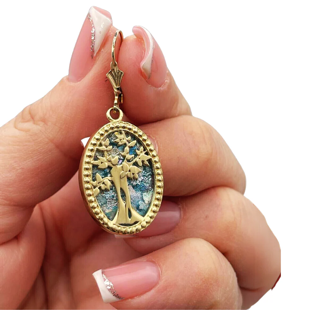 Tree of Life Oval Earrings with Roman Glass in 14K Gold - Image 3