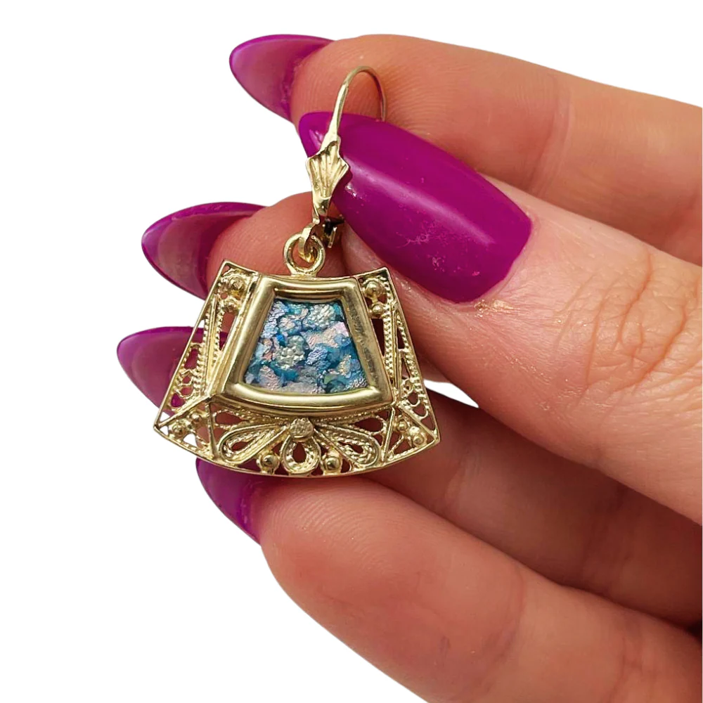 Roman Glass Trapezoid Filigree Earrings in 14K Gold - Image 3
