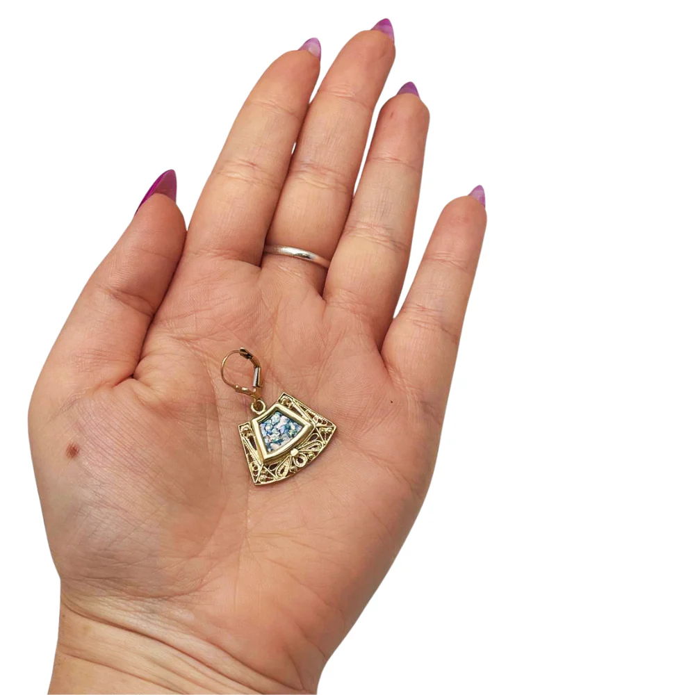 Roman Glass Trapezoid Filigree Earrings in 14K Gold - Image 4