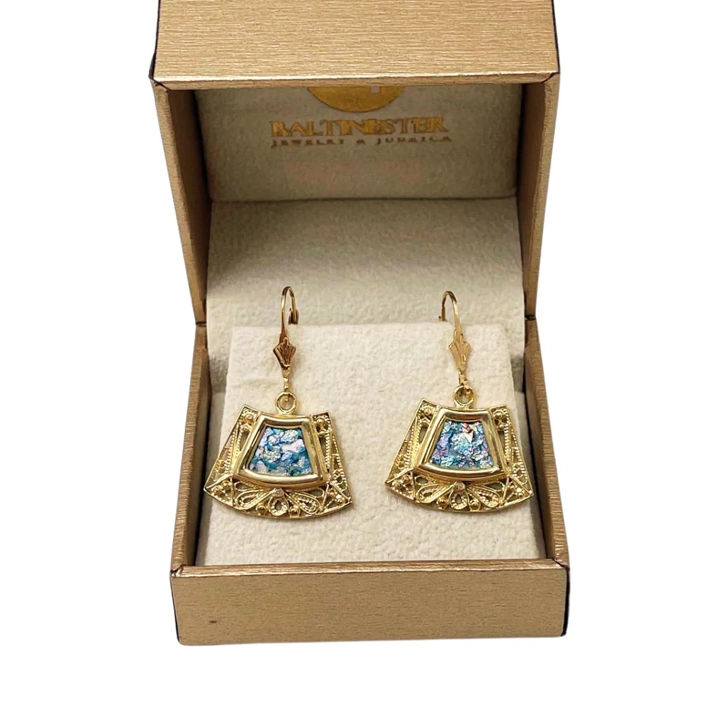 Roman Glass Trapezoid Filigree Earrings in 14K Gold - Image 7