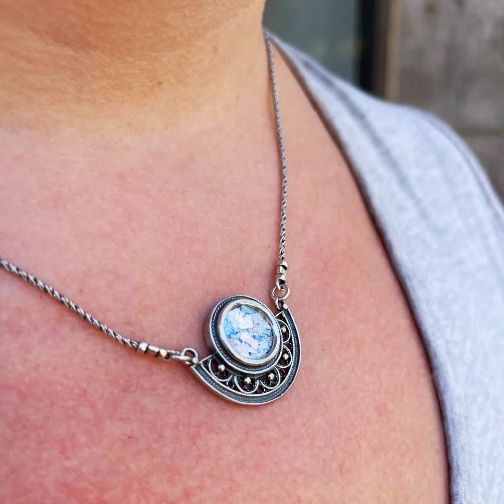 Sterling Silver Semi Circle Filigree Roman Glass Necklace - Image 3