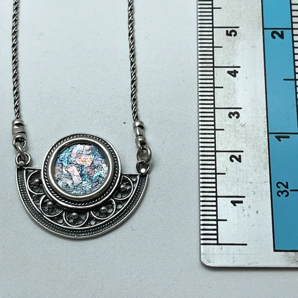 Sterling Silver Semi Circle Filigree Roman Glass Necklace - Image 5