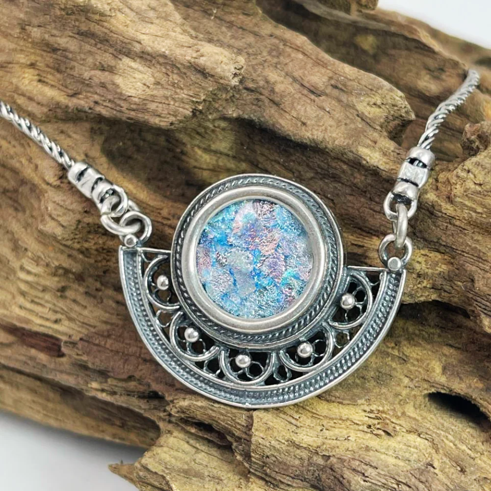 Sterling Silver Semi Circle Filigree Roman Glass Necklace - Image 8