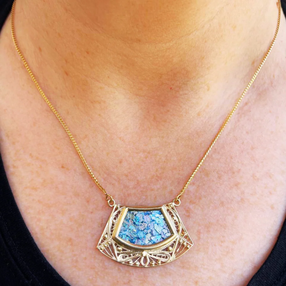 14k Roman Glass Trapezoid Gold Filigree Necklace - Image 2