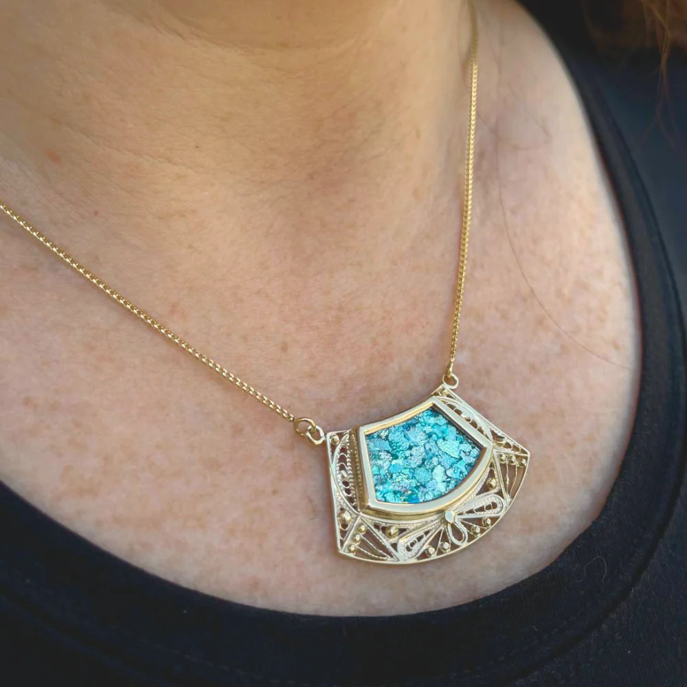 14k Roman Glass Trapezoid Gold Filigree Necklace - Image 3
