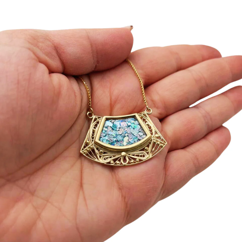 14k Roman Glass Trapezoid Gold Filigree Necklace - Image 4